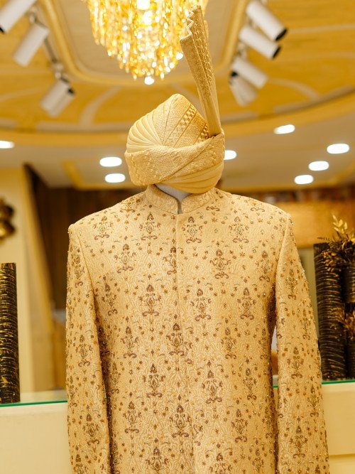 Skin-Toned Sherwani with Kulla – Handwork & Embroidery Excellence