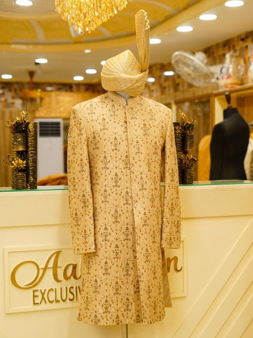 Skin-Toned Sherwani with Kulla – Handwork & Embroidery Excellence