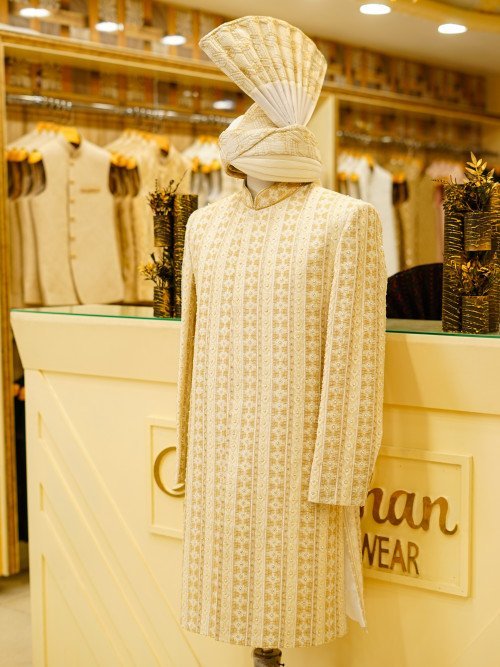 White Skin-Toned Sherwani with Kulla – Handwork & Embroidery Elegance