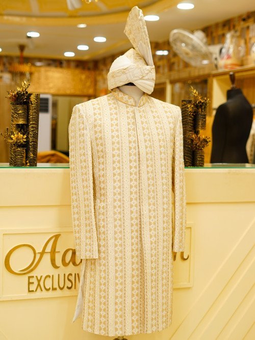 White Skin-Toned Sherwani with Kulla – Handwork & Embroidery Elegance