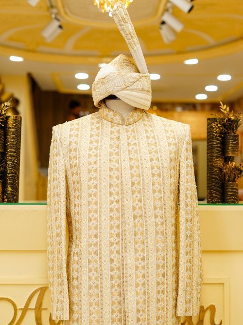 White Skin-Toned Sherwani with Kulla – Handwork & Embroidery Elegance