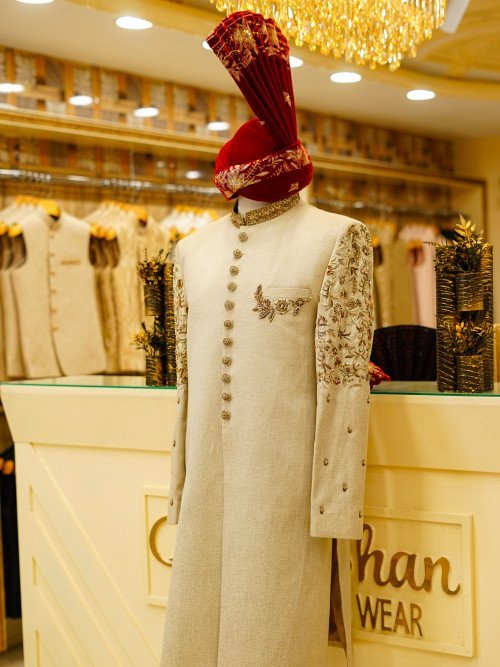 Embroidered Sherwani with Kulla Handwork, Shoulder & Baan Styling