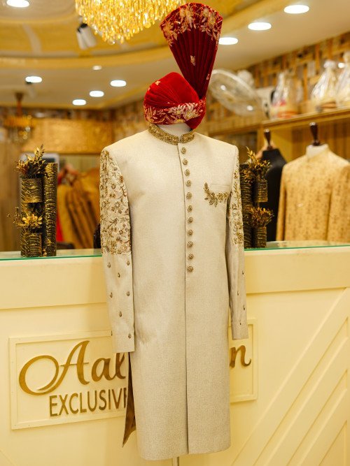Embroidered Sherwani with Kulla Handwork, Shoulder & Baan Styling