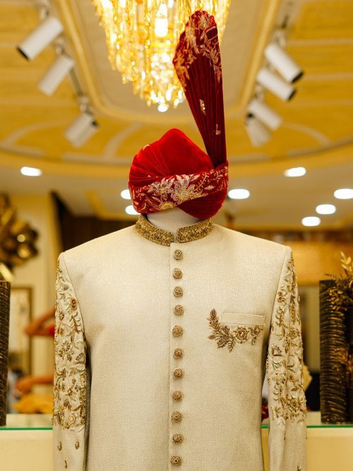 Embroidered Sherwani with Kulla Handwork, Shoulder & Baan Styling