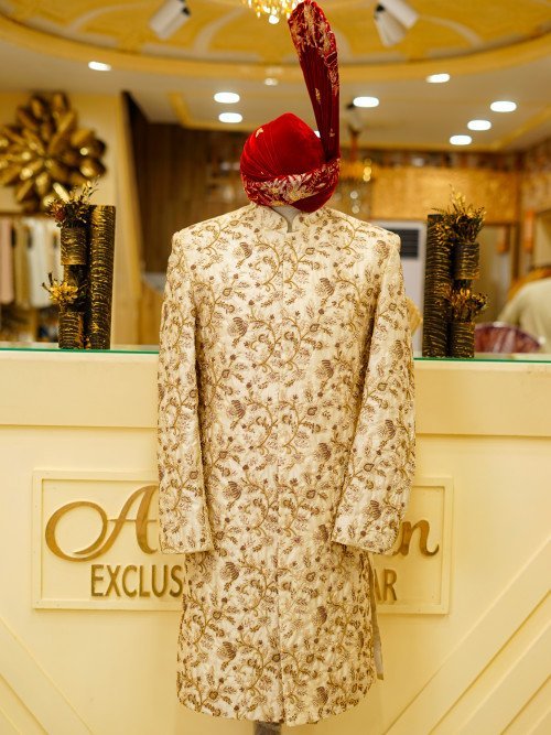 Premium Skin-Styled Sherwani with Kulla Full Handmade Embroidery & Finest Quality