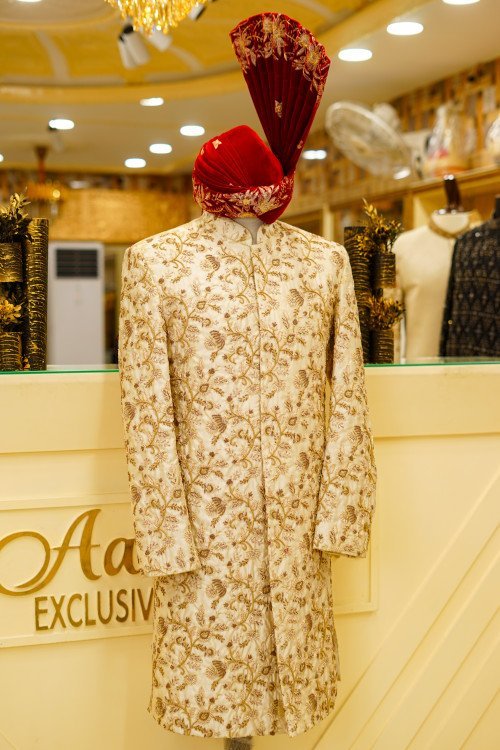 Premium Skin-Styled Sherwani with Kulla Full Handmade Embroidery & Finest Quality