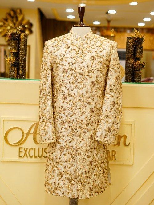 Premium Skin-Styled Sherwani with Kulla Full Handmade Embroidery & Finest Quality