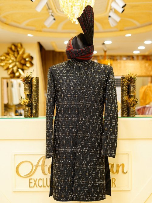 Black Sherwani with Kulla – Full Handwork & Golden Embroidery Royalty