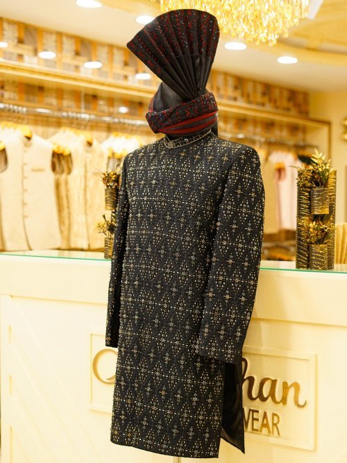 Black Sherwani with Kulla – Full Handwork & Golden Embroidery Royalty