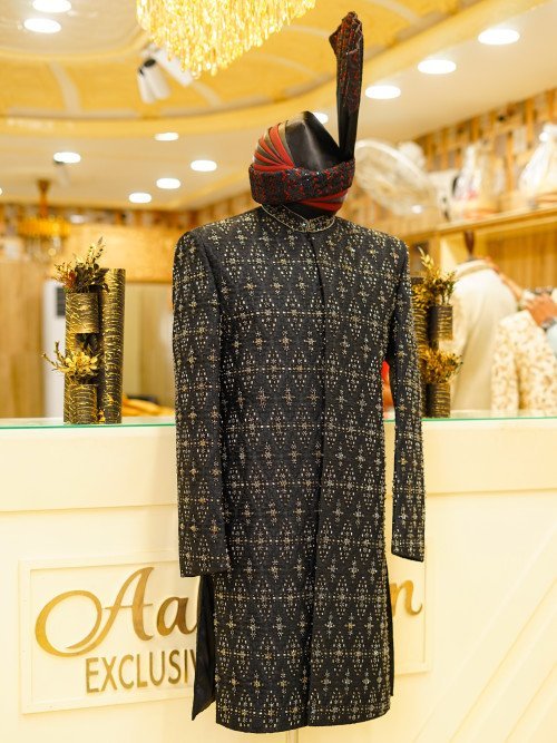 Black Sherwani with Kulla – Full Handwork & Golden Embroidery Royalty