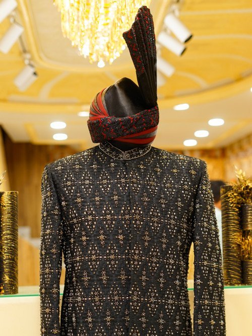 Black Sherwani with Kulla – Full Handwork & Golden Embroidery Royalty
