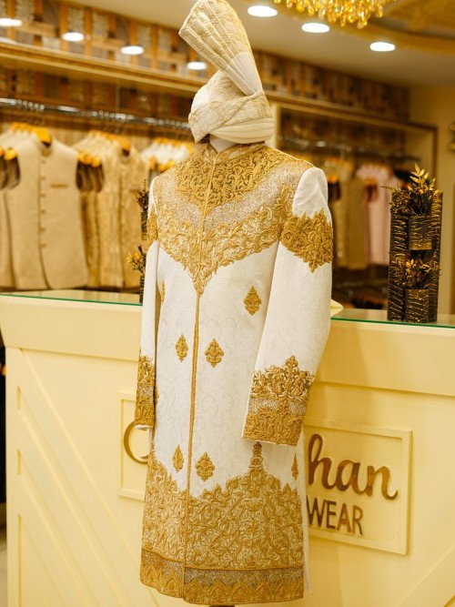 Signature White Sherwani in Luxe Print & Hand Embroidery