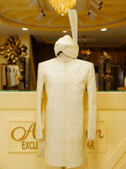Modern Short Sherwani in Elegant Skin Tone with Intricate Embroidery & Handcrafted Detailing