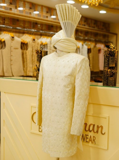 Modern Short Sherwani in Elegant Skin Tone with Intricate Embroidery & Handcrafted Detailing