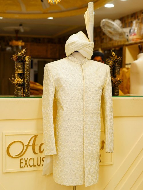 Modern Short Sherwani in Elegant Skin Tone with Intricate Embroidery & Handcrafted Detailing