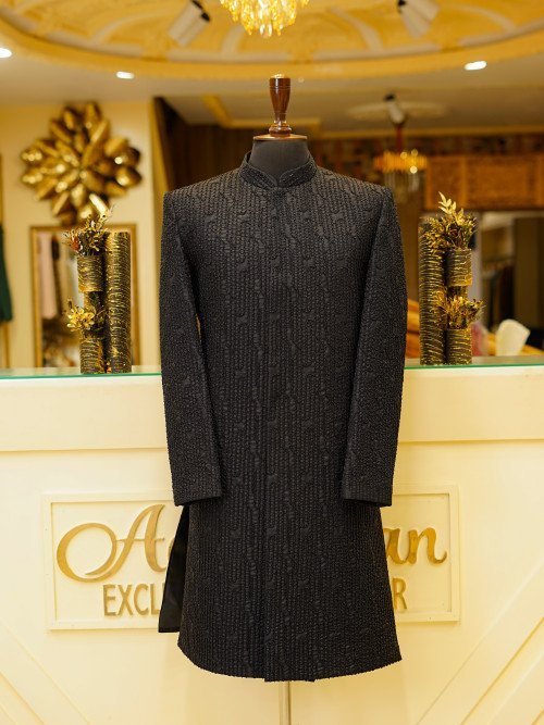 Contemporary Short Sherwani in Elegant Black with Intricate Embroidery & Handcrafted Detailing