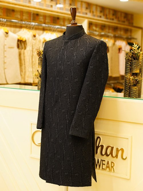 Contemporary Short Sherwani in Elegant Black with Intricate Embroidery & Handcrafted Detailing