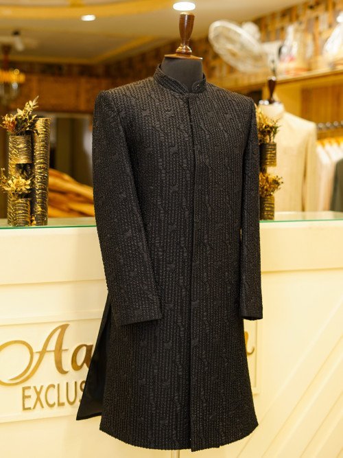 Contemporary Short Sherwani in Elegant Black with Intricate Embroidery & Handcrafted Detailing