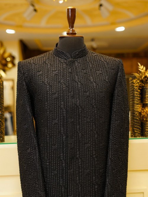Contemporary Short Sherwani in Elegant Black with Intricate Embroidery & Handcrafted Detailing