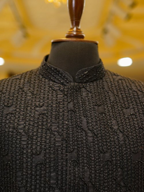 Contemporary Short Sherwani in Elegant Black with Intricate Embroidery & Handcrafted Detailing