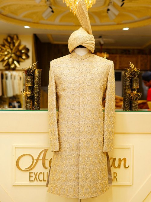 Short Sherwani with Matching Kulla in Elegant Skin Tone Featuring Hand Embroidery & Fine Detailing