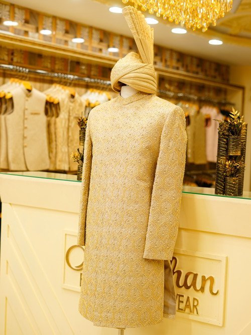 Short Sherwani with Matching Kulla in Elegant Skin Tone Featuring Hand Embroidery & Fine Detailing