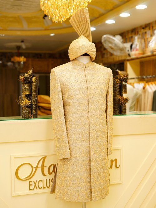 Short Sherwani with Matching Kulla in Elegant Skin Tone Featuring Hand Embroidery & Fine Detailing
