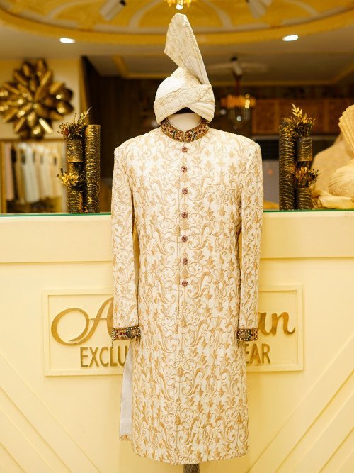 Short Sherwani with Matching Kulla in Pristine White Featuring Hand Embroidery & Luxe Craftsmanship