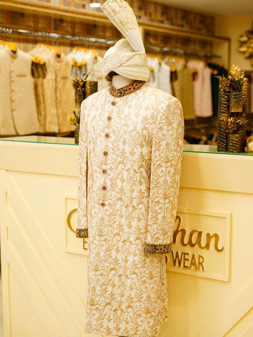 Short Sherwani with Matching Kulla in Pristine White Featuring Hand Embroidery & Luxe Craftsmanship