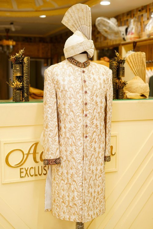 Short Sherwani with Matching Kulla in Pristine White Featuring Hand Embroidery & Luxe Craftsmanship