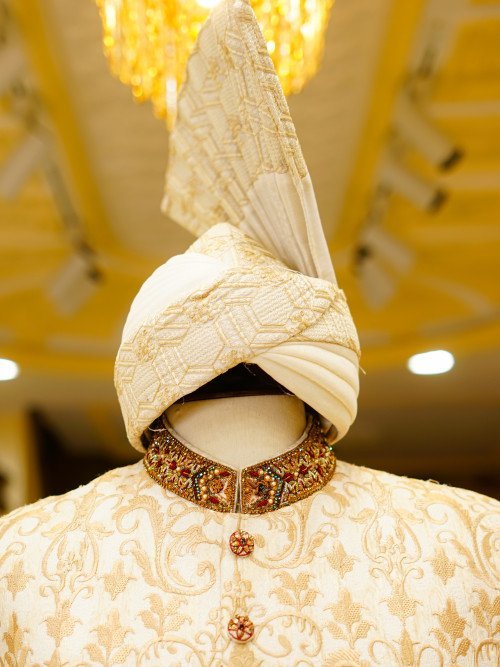 Short Sherwani with Matching Kulla in Pristine White Featuring Hand Embroidery & Luxe Craftsmanship