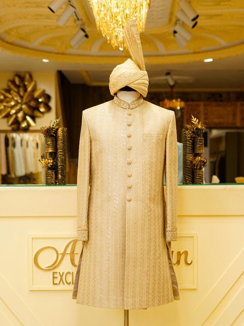 Short Sherwani in Skin Tone with Intricate Embroidery & Handwork Paired with Matching Kulla
