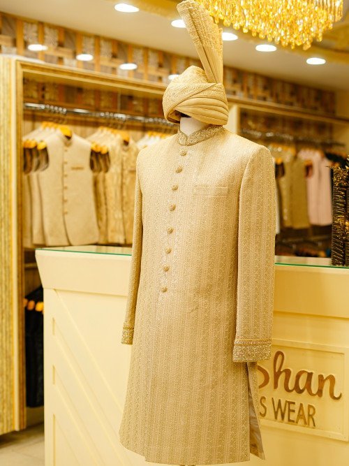 Short Sherwani in Skin Tone with Intricate Embroidery & Handwork Paired with Matching Kulla