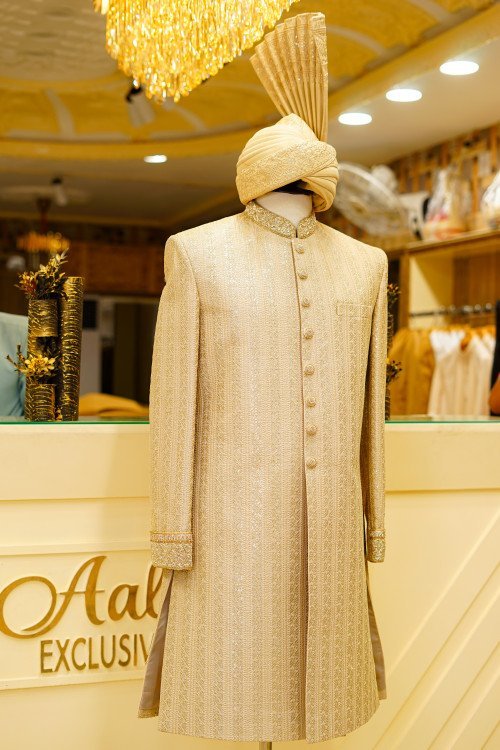 Short Sherwani in Skin Tone with Intricate Embroidery & Handwork Paired with Matching Kulla