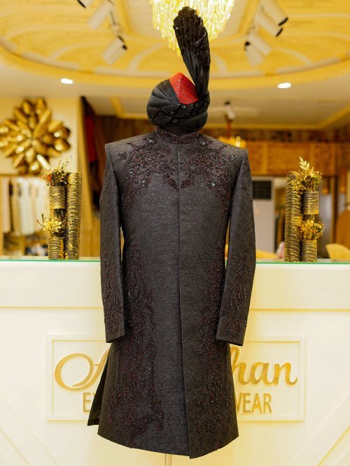 Short Sherwani in Black Tone with Striking Red Embroidery & Matching Kulla Ensemble