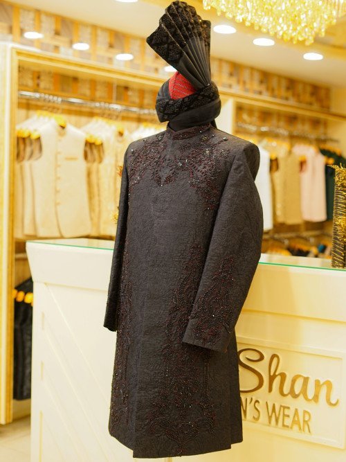 Short Sherwani in Black Tone with Striking Red Embroidery & Matching Kulla Ensemble
