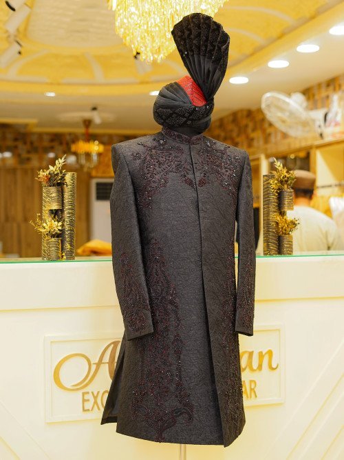Short Sherwani in Black Tone with Striking Red Embroidery & Matching Kulla Ensemble
