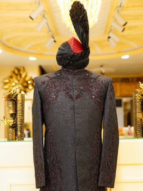 Short Sherwani in Black Tone with Striking Red Embroidery & Matching Kulla Ensemble