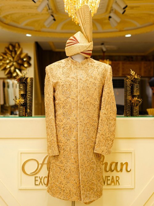 Short Sherwani in Elegant Skin Tone with Exquisite Hand Embroidery & Matching Kulla