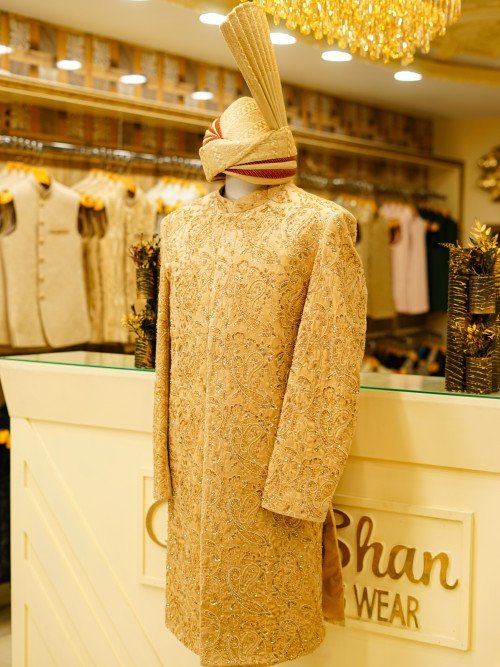 Short Sherwani in Elegant Skin Tone with Exquisite Hand Embroidery & Matching Kulla
