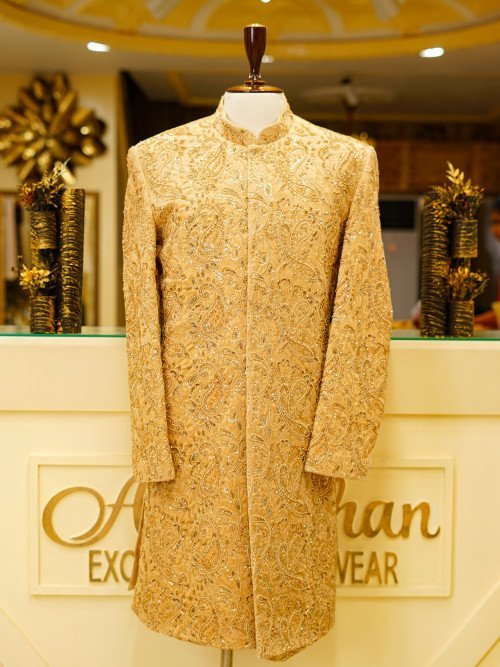 Short Sherwani in Elegant Skin Tone with Exquisite Hand Embroidery & Matching Kulla