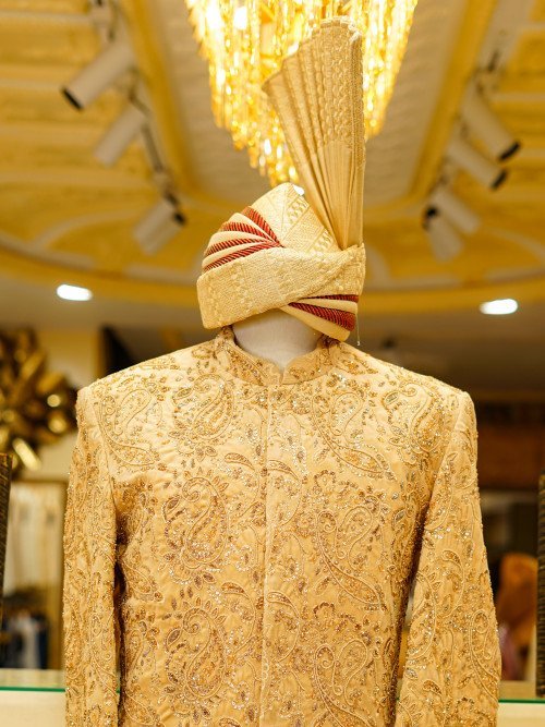 Short Sherwani in Elegant Skin Tone with Exquisite Hand Embroidery & Matching Kulla