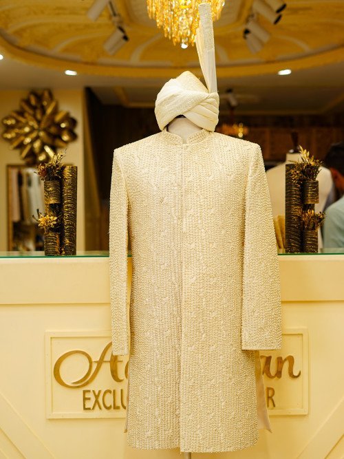 Short Sherwani in Cream White with Full Detailed Hand Embroidery & Matching Kulla