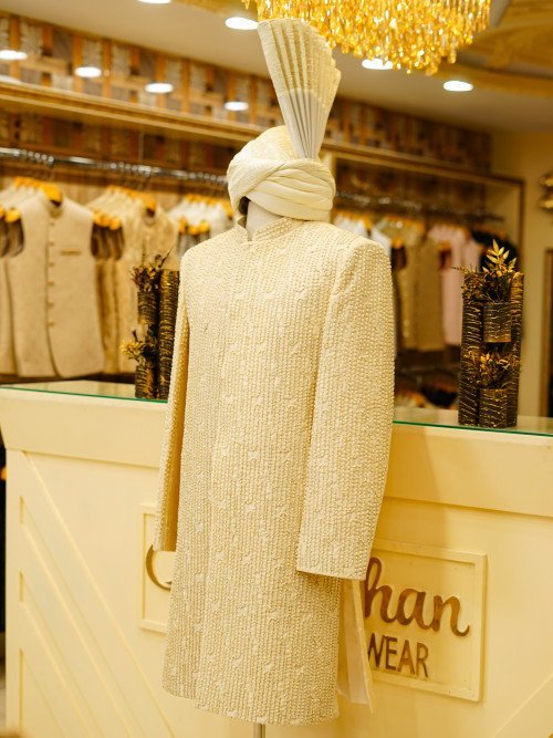 Short Sherwani in Cream White with Full Detailed Hand Embroidery & Matching Kulla