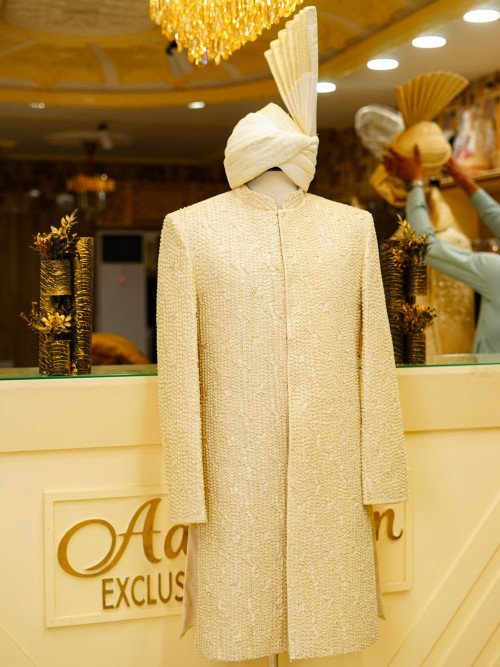 Short Sherwani in Cream White with Full Detailed Hand Embroidery & Matching Kulla