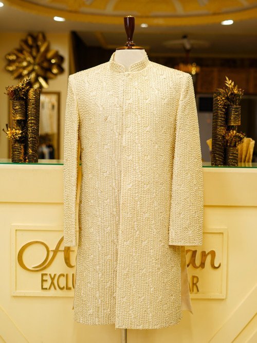 Short Sherwani in Cream White with Full Detailed Hand Embroidery & Matching Kulla