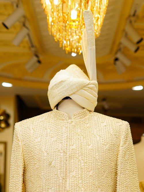 Short Sherwani in Cream White with Full Detailed Hand Embroidery & Matching Kulla