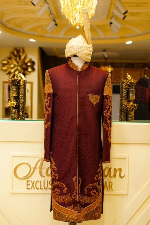 Sherwani in Deep Maroon with Exquisite Hand Embroidery and Elegant Print, Paired with Matching Kulla for a Majestic Look