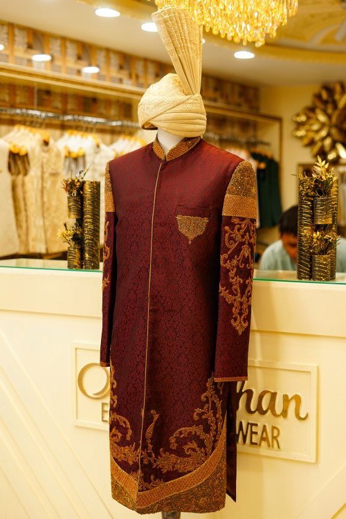 Sherwani in Deep Maroon with Exquisite Hand Embroidery and Elegant Print, Paired with Matching Kulla for a Majestic Look
