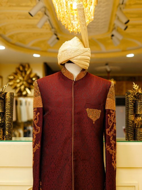 Sherwani in Deep Maroon with Exquisite Hand Embroidery and Elegant Print, Paired with Matching Kulla for a Majestic Look